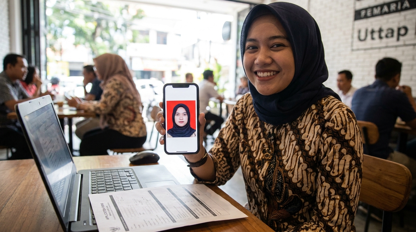 Supporting image showing the final accepted-looking result for ubah foto selfie jadi pas foto formal.