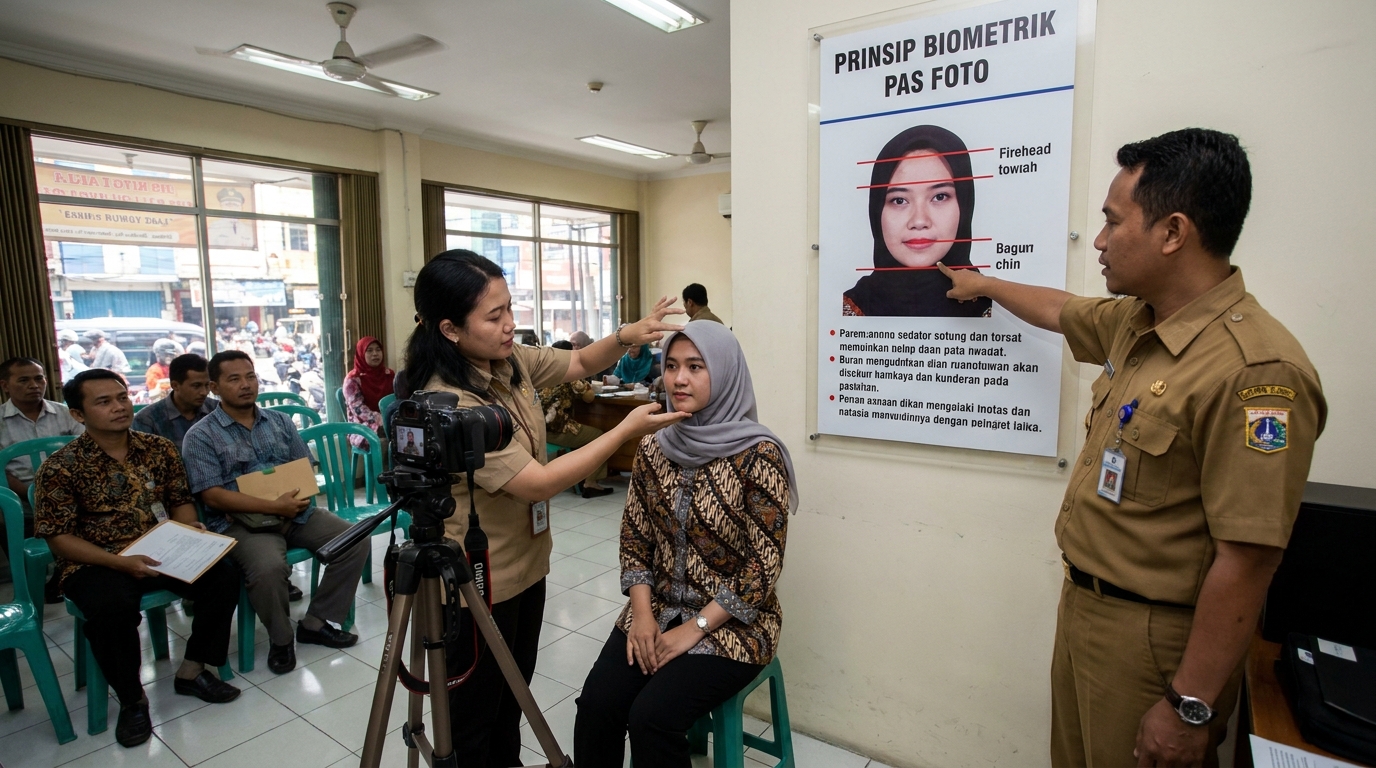 Hero image showing the broader real-world context for pas foto hijab resmi, inspired by the section "Prinsip Biometrik: Mengapa Dahi dan Dagu Harus Terlihat".