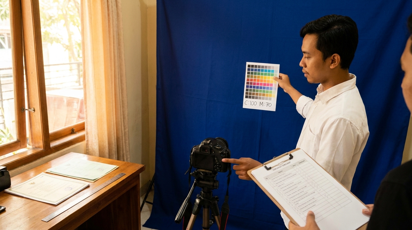 Supporting image that visualizes the requirements, checklist, or technical standards from "Standar Warna Latar Belakang Biru (C:100 M:70)".